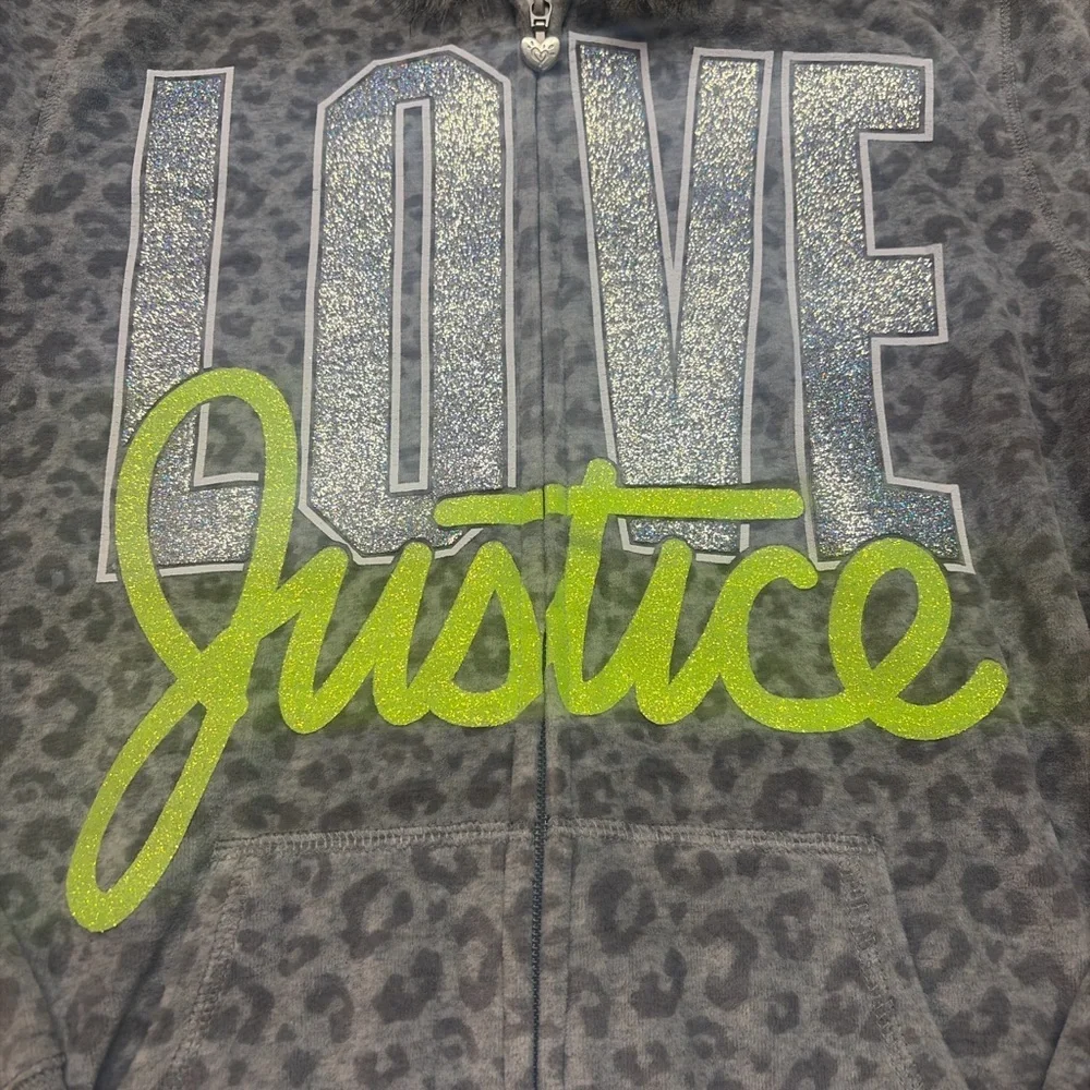 Justice Girls' Grey Leopard Print 'LOVE Justice' Zip Hoodie w Faux Fur Hood 0704